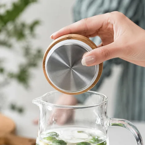 Miniatura 5 de hjn Jarra de vidrio con tapa, jarra de agua de vidrio con asa, jarra de agua para refrigerador, bebidas frías o calientes, té helado, leche, jugo