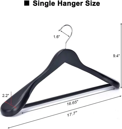 Miniatura 3 de JS Hanger Perchas de madera para trajes, paquete de 6 perchas de madera extra anchas con barra antideslizante para pantalones, acabado negro extra