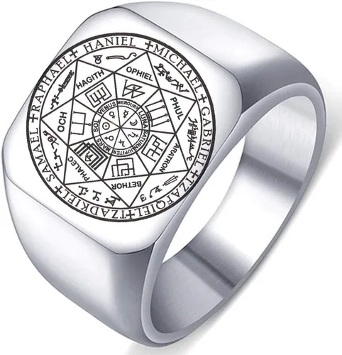 Dacai The Seals of the Seven Arcángeles Protección Amuleto Seal Salomon Kabbalah Mens Womens Stainless Steel Polished Ring, Metal