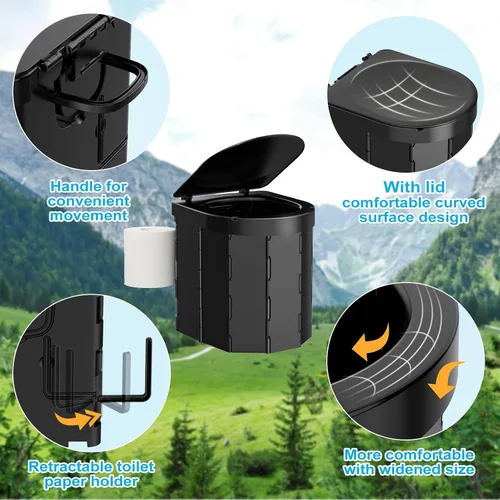 Miniatura 2 de PAHTTO Portable Camping Toilet, Folding Toilet for Adults with Lid and Retractable Toilet Paper Holder, Waterproof Porta Potty with Carry Bag and