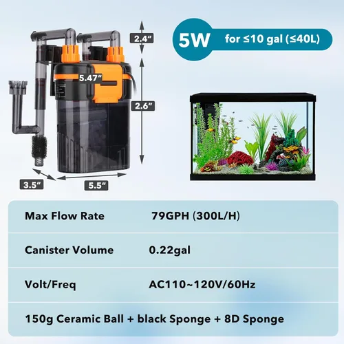 Miniatura 6 de hygger Filtro externo de acuario para colgar en la parte posterior, filtro silencioso para tanque de peces con filtración de 3 etapas, motor