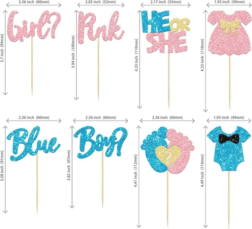 Miniatura 2 de 24 piezas de decoración para cupcakes para niños o niñas, pies con purpurina, vestido de revelación de género, selecciones de cupcakes, decoraciones