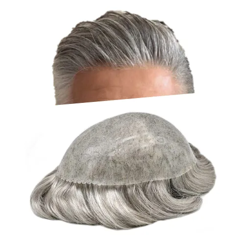 Miniatura 26 de Sistema de cabello humano tipo tupé para hombre, tupé gris, piezas de cabello completo de poliéster para hombres, tupé de inyección de poliuretano