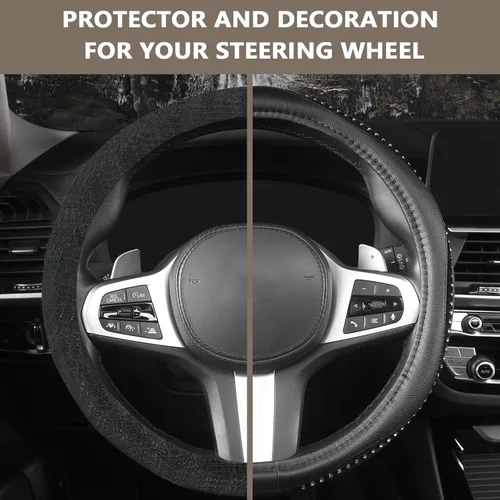 Miniatura 2 de Cobertor de volante Autoyouth resistente, antideslizante, grueso, elegante, de agarre excelente, no tóxico, tamaño estándar 15 pulgadas, Negro