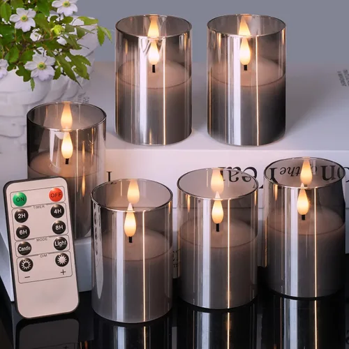 VIODAIM Paquete de 6 velas votivas de cristal parpadeantes sin llama con control remoto, velas votivas de cera real de 2 x 3 pulgadas, funcionan con
