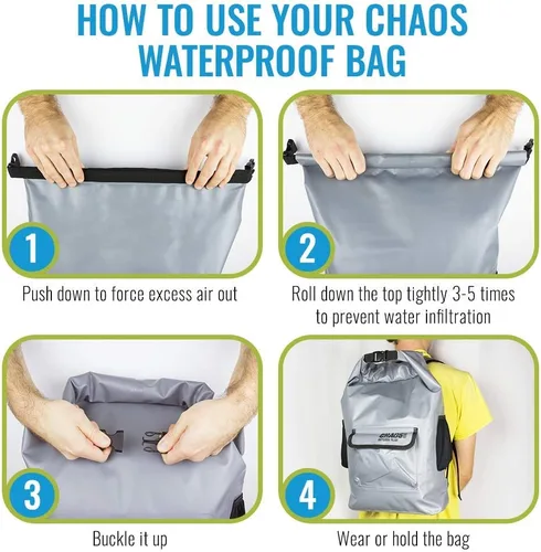 Miniatura 7 de Mochila impermeable Chaos Ready, bolsa seca, resistente, correas acolchadas para el hombro, bolsillos laterales de malla, fácil acceso al bolsillo