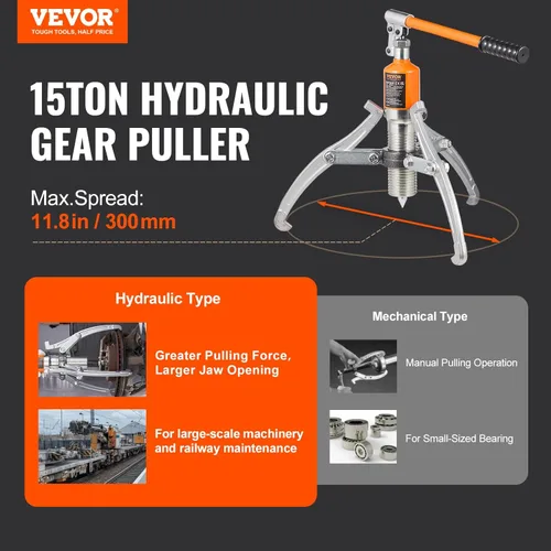Miniatura 2 de VEVOR Extractor hidráulico de engranajes, capacidad máxima de 15 toneladas, separador de extracción de rodamientos de rueda, extractor de 2 o 3