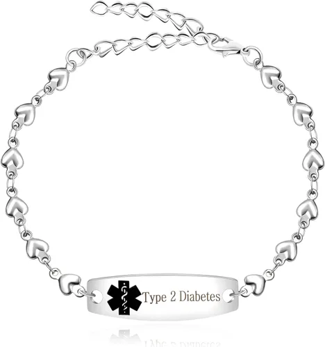 Miniatura 16 de Pulsera de símbolo médico de plata grabada con láser, alerta de salud grabada en forma de corazón, adecuada para primeros auxilios de emergencia