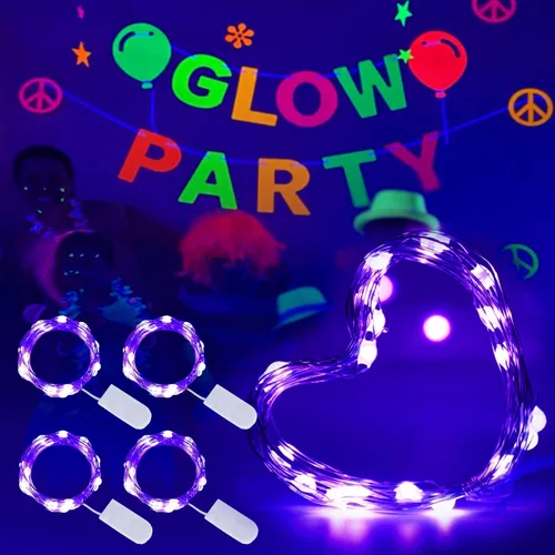 Luces LED negras UV a pilas, paquete de 4 luces LED de 6.56 pies, 20 luces LED UV con cuentas flexibles de luz negra, luces de hadas moradas para