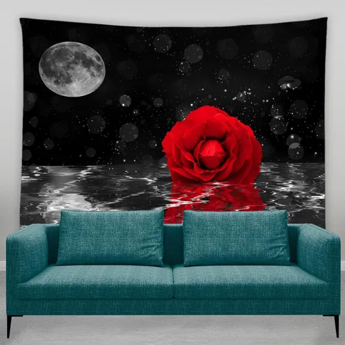 AMFD Tapiz de rosas rojas, flores bajo la luna, cielo estrellado negro, reflejo en flor de agua, floral, romántico, decoración del hogar, arte