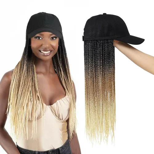 Miniatura 20 de Gorra con peluca para mujeres con gorra de béisbol y cabello trenzado adjunto, peluca de trenzas negras sintéticas, gorra ajustable con trenzas