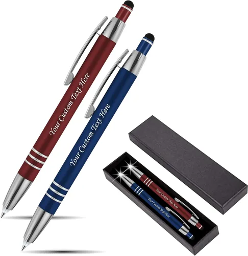 Juego de regalo personalizado, 2 bolígrafos de lujo de metal de goma + linterna LED de escritor nocturno + lápiz capacitivo + caja de regalo, nombre