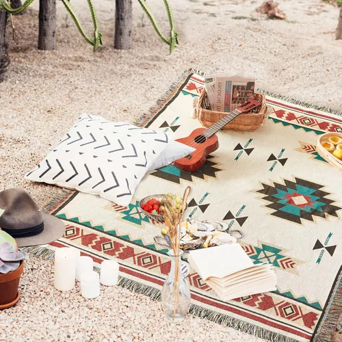 Miniatura 5 de Touchat Manta de nativos americanos, decoración occidental, manta bohemia para sofá, manta decorativa mexicana de granja, manta tejida con Beige