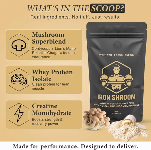 Miniatura 5 de Iron Shroom - Combustible de rendimiento funcional con sabor a chocolate, supermezcla de suero de leche, creatina y hongos con melena de león