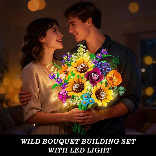 Miniatura 3 de CUBIMANA Juego de construcción de ramo de flores silvestres con luces, 912 piezas, colección de flores silvestres, 18 botánicos, bloques