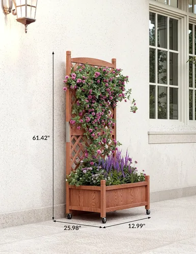 Miniatura 2 de GarveeLife Paquete de 2 macetas altas de madera con enrejado, cama de jardín elevada de 61.5 pulgadas de alto sobre ruedas, maceta vertical