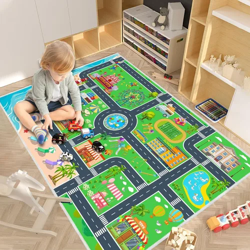 Miniatura 5 de Alfombra de juego para niños, alfombra de automóvil para autos y trenes de juguete para niños, alfombra de juego antideslizante para sala