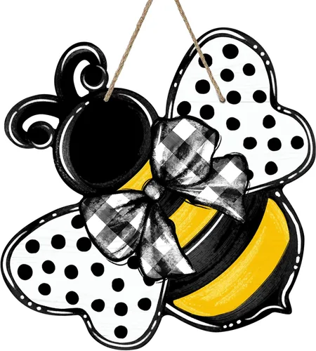 Deroro Bumble Bee - Letrero de puerta delantera de primavera y verano, con lunares, para colgar en la puerta de madera para exteriores, decoración