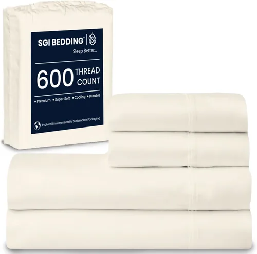 Miniatura 51 de SGI bedding Sábanas de Algodón Egipcio 100% Tamaño Full XL – Juego de Sábanas de 600 Hilos, Suaves, Frescas, Bolsillo Profundo de 16", Ropa de Cama