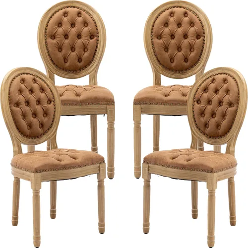 Juego de 4 sillas de comedor francesas vintage, con respaldo redondo, tapizadas, de piel sintética, con ribete de cabeza de clavo y marco de madera