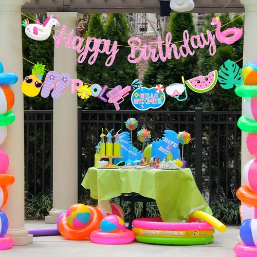 Miniatura 7 de Pancartas de fiesta de cumpleaños para piscina, 2 unidades, pancartas recortadas para fiesta de piscina, decoraciones de fiesta de piscina
