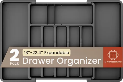 Miniatura 9 de Organizador de cajones de utensilios expandible negro, 1 paquete, ajustable de 13 a 22.4 pulgadas, organizador de cubiertos de 5 compartimentos