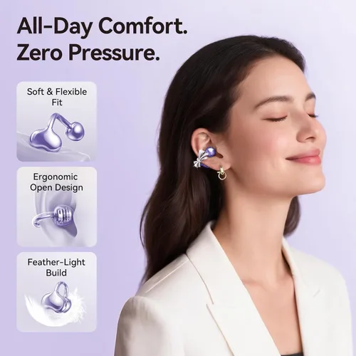 Miniatura 3 de Kinglucky Elegantes Auriculares Clip de Oreja Abierta con Aretes de Lazo de Joyería, Ajuste Ligero y Cómodo, Audífonos de Botones de Oreja Abierta