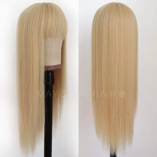 Miniatura 5 de Maycaur Pelucas de cabello sintético de color rubio con flequillo completo #613, color largo y liso, resistente al calor, pelucas sin encaje