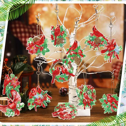 Miniatura 2 de Thinkday 12 piezas de adornos de arte de diamantes cardenales de Navidad en julio, pájaros rojos de Navidad, pintura de diamante, llaveros