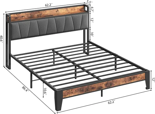 Miniatura 2 de LIKIMIO Base de cama Queen, cabecera de almacenamiento con estación de carga, sólida y estable, sin ruido, no necesita somier, fácil montaje Vintage