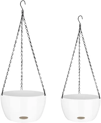 Sungmor Maceta colgante de riego automático para plantas de interior, 9.4 y 11.2 pulgadas, paquete de 2 cestas colgantes grandes de plástico blanco,