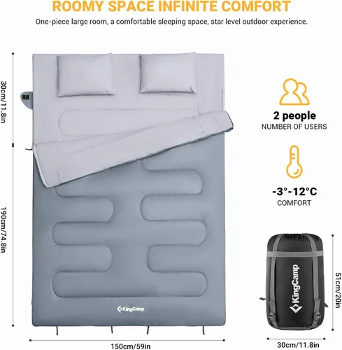 Miniatura 3 de KingCamp Saco de dormir tamaño Queen para adultos, parejas, XL, 20 grados y 2 personas, cálido y cómodo para acampar en familia