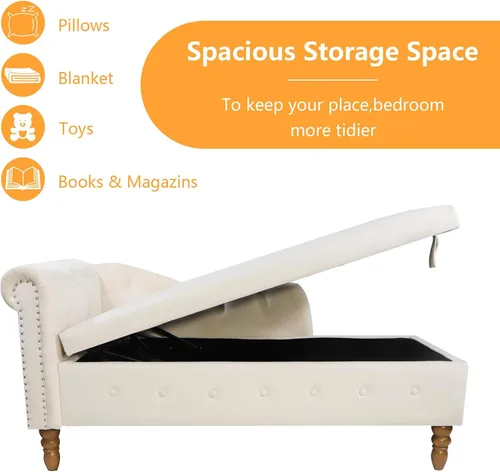 Miniatura 4 de Aoowow Banco de almacenamiento de terciopelo para dormitorio, extremo de la cama, sofá con brazo enrollado, tumbona para interiores con Beige 58