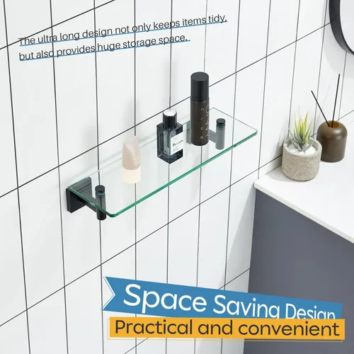 Miniatura 6 de KOKOSIRI Estantes flotantes de vidrio de 16 pulgadas para dormitorio, sala de estar, cocina, estante colgante a prueba de óxido, montado en la Negro
