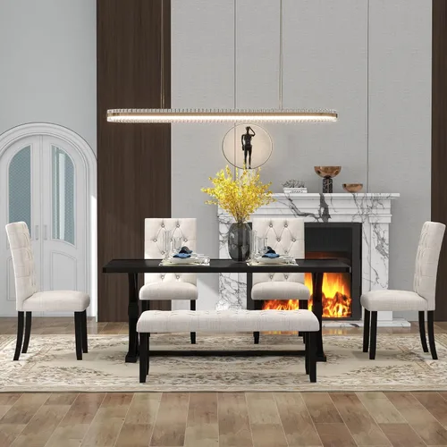 Miniatura 4 de KLMM Juego de mesa de cocina de 6 piezas de madera maciza de mediados de siglo con base de estante con patas cruzadas, 1 banco tapizado y 4 sillas