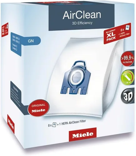 Miele GN HyClean - Bolsas de vacío de aire originales para aspiradoras Miele Complete C2 y C3, Allergy XL paquete de 8 bolsas de vacío y 1 filtro