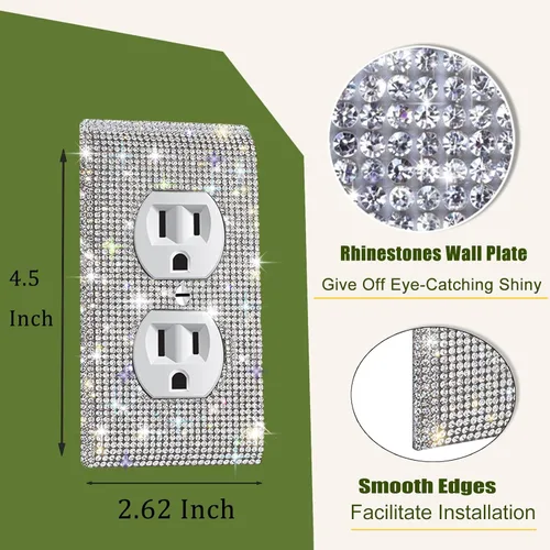 Miniatura 2 de 4 piezas de diamantes de imitación plateados brillantes para placas de pared, cubierta de interruptor de luz, cubierta de salida de diamantes