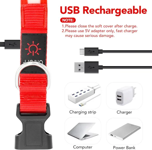 Miniatura 4 de Vizpet Collar para perro con luz LED, ajustable, recargable por USB, superbrillante, luz de seguridad, collar brillante para perros (grande, rojo)