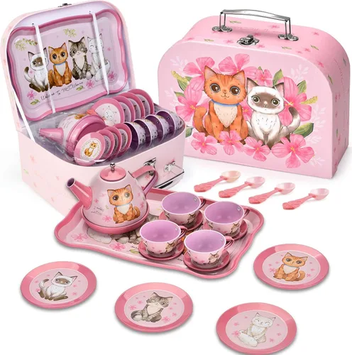 Lajeje Juego de Fiesta de Té de Gato para Niñas Pequeñas - 19 Piezas Juguete de Simulación, Regalo de Cumpleaños para Niños Pequeños de 3 4 5 6