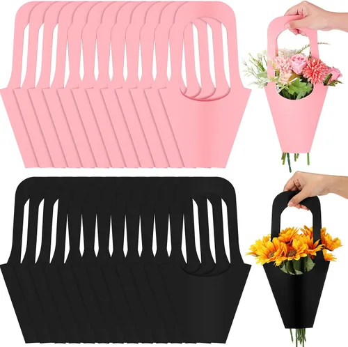 Sabary - 24 bolsas de papel de estraza para ramo de flores con asa de flores, envoltura de regalo, bolsa de embalaje para floristería, boda, Negro