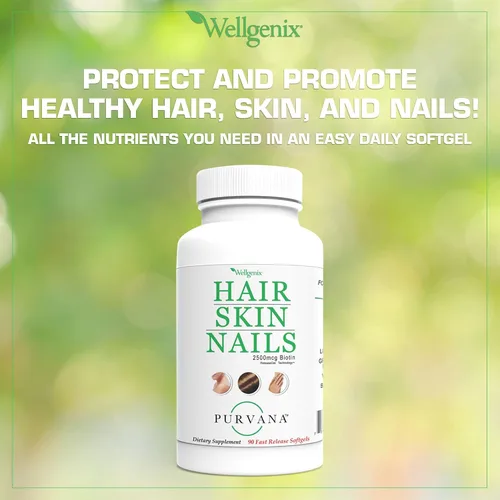 Miniatura 3 de Wellgenix Purvana Suplemento para la piel y las uñas – 2500 mcg de biotina cápsulas blandas con MSM y complejo B – Soporte diario de belleza