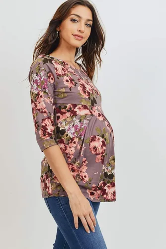 Miniatura 34 de LaClef - Blusa de maternidad para mujer, cuello redondo, manga 3/4, plisada al frente, estilo peplum