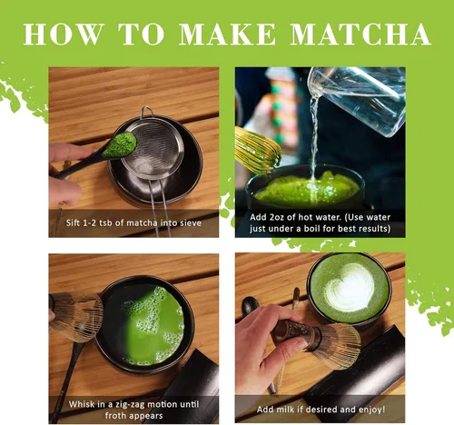 Miniatura 6 de BambooMN Juego de iniciación de batidor de matcha: cuenco Chawan Matcha, batidor de té, chashaku, cuchara, soporte de matcha y posavasos de bambú