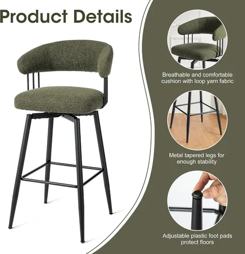 Miniatura 5 de Glitzhome Juego de 2 taburetes de bar giratorios de 31.5 pulgadas de altura de asiento, modernos taburetes de bar de tela verde cazador de mediados