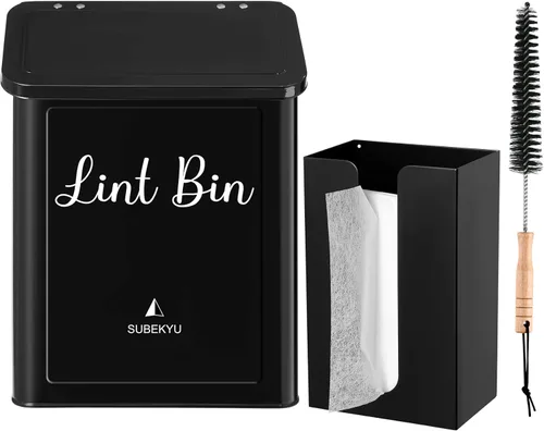 Miniatura 7 de SUBEKYU Contenedor magnético de pelusa con tapa de bambú y soporte para hojas de secadora para lavandería, cubo de basura de metal con tapa y caja