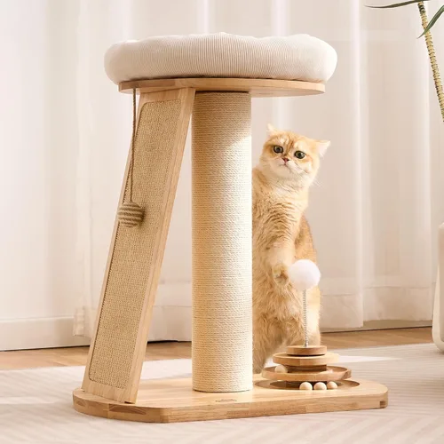 Miniatura 2 de HITTITE Torre de árbol para gatos de madera maciza, poste rascador para gatos con cama, árbol pequeño para gatos de 27 pulgadas, torre compacta