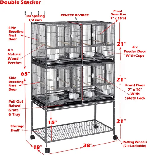 Miniatura 2 de Jaula Doble Apilable con Centro Dividido, Puertas de Caja de Anidación Lateral para Criador de Aves de Vuelo, Jaula Doble Rodante para Aviarios