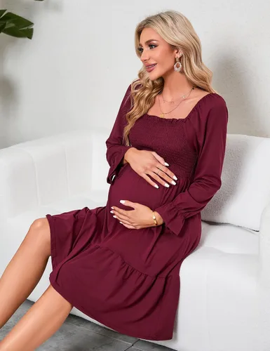 Miniatura 5 de KOJOOIN Vestido de verano de manga corta con cuello cuadrado para mujer, estilo bohemio, fruncido, con volantes, casual, vestido midi para baby