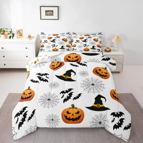 Miniatura 13 de Erosebridal Juego de edredón de Halloween para niños, tamaño individual, juego de ropa de cama de calavera de azúcar para decoración de habitación