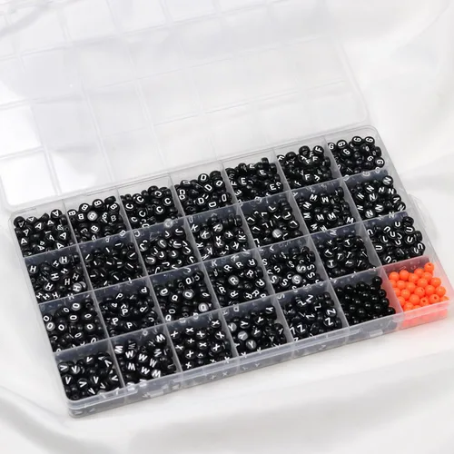 Miniatura 4 de Melius Cuentas de letras acrílicas negras con cuentas redondas negras y naranjas, 1450 cuentas redondas del alfabeto en caja de 28 cuadrículas